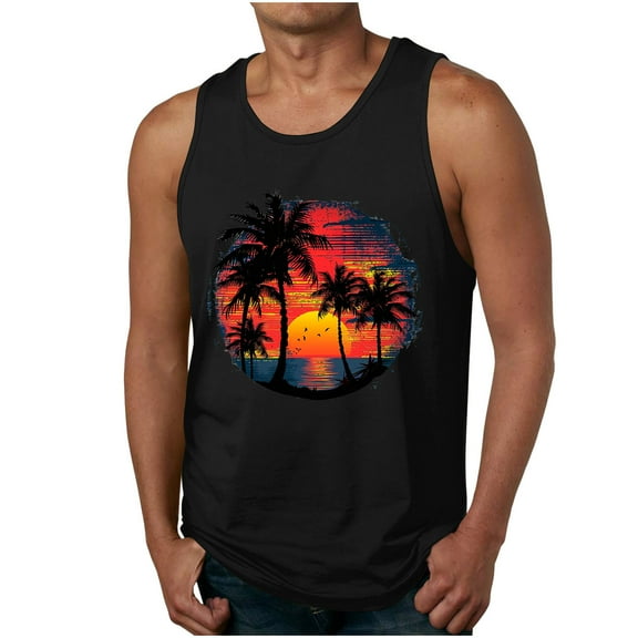 Dagegui Mens Hawaiian Tank Tops Summer Beach Sleeveless Vacation Shirts Muscle Gym Vest Palm Tree Graphic Tank Top Black M