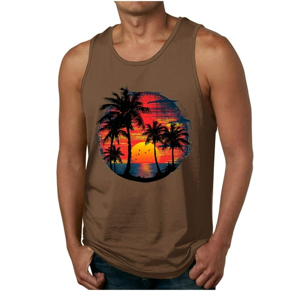 Dagegui Mens Hawaiian Tank Tops Summer Beach Sleeveless Vacation Shirts Muscle Gym Vest Palm Tree Graphic Tank Top Brown XL