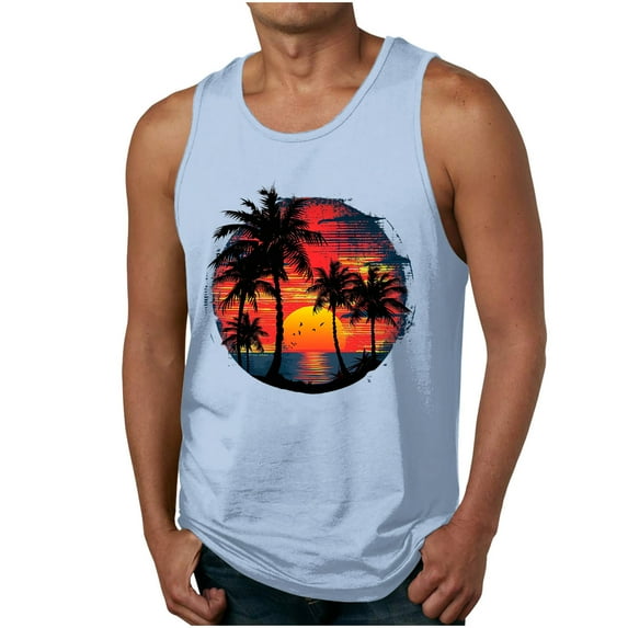 Dagegui Mens Hawaiian Tank Tops Summer Beach Sleeveless Vacation Shirts Muscle Gym Vest Palm Tree Graphic Tank Top Light Blue M