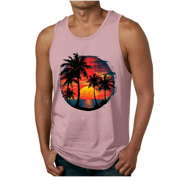 Dagegui Mens Hawaiian Tank Tops Summer Beach Sleeveless Vacation Shirts Muscle Gym Vest Palm Tree Graphic Tank Top Pink M
