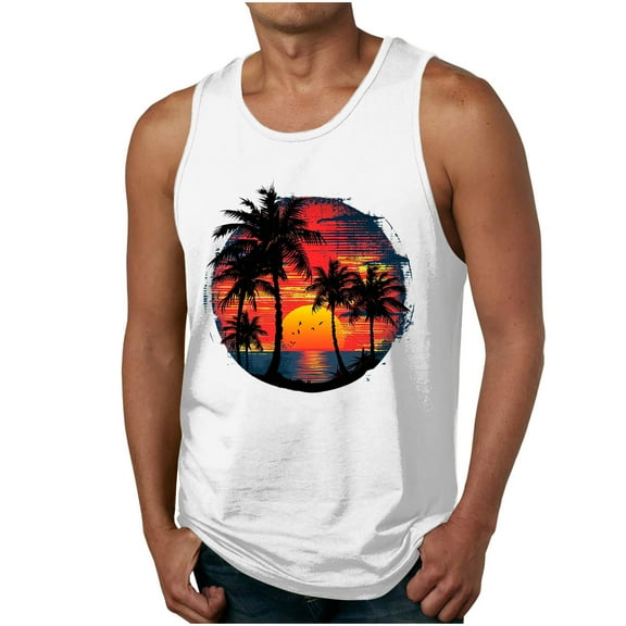 Dagegui Mens Hawaiian Tank Tops Summer Beach Sleeveless Vacation Shirts Muscle Gym Vest Palm Tree Graphic Tank Top White 4XL