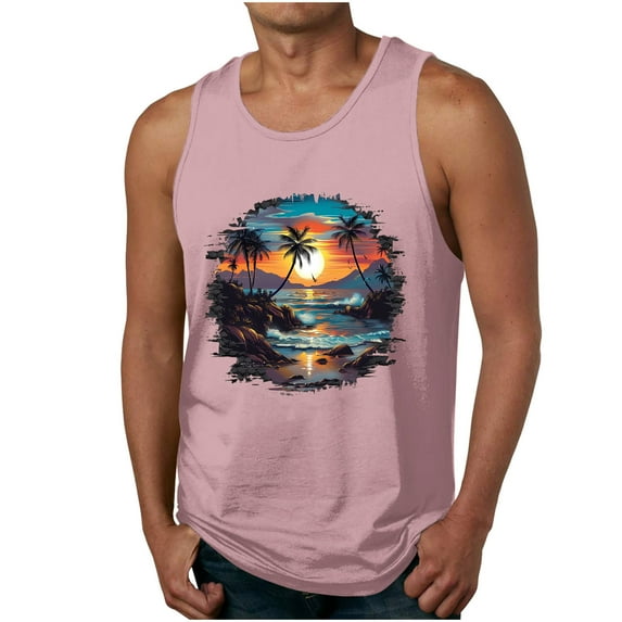 Dagegui Mens Hawaiian Tank Tops Sunset Palm Tree Graphic Tropical Tanks Big and Tall Muscle Tank Top Loose Sleeveless Crewneck Workout Vest Pink 3XL