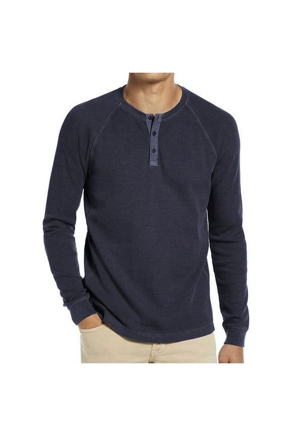 Mens Henley Shirts Fall Waffle Knit Long Sleeve Shirt Basic Crewneck 3 Button Pullover Shirts Solid Color Bottoming Tops for Men Dark Blue S-2XL