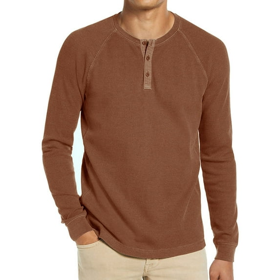 Dagegui Mens Henley Shirts Fall Waffle Knit Long Sleeve Shirt Basic Crewneck 3 Button Pullover Shirts Solid Color Bottoming Tops for Men Khaki S-2XL