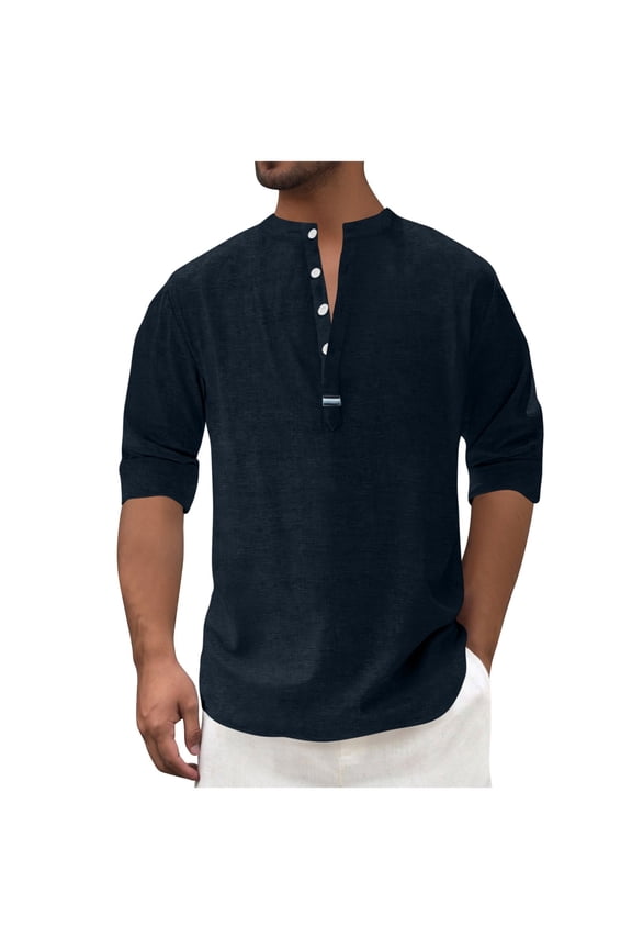 Mens Henley Shirts Long Sleeve Linen Shirt Casual Button Down Pullover Comfy Breathable Basic Everyday Tops Navy XXL