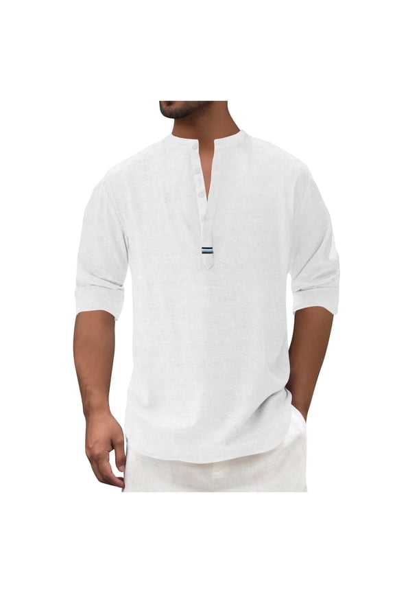 Mens Henley Shirts Long Sleeve Linen Shirt Casual Button Down Pullover Comfy Breathable Basic Everyday Tops White L