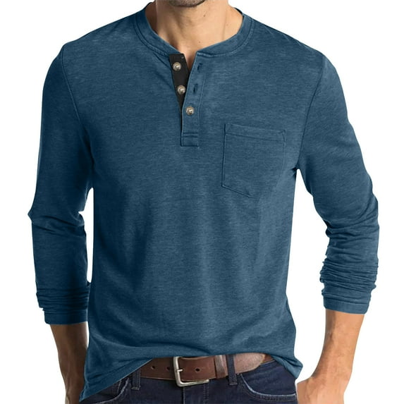Dagegui Mens Henley Shirts Long Sleeve T Shirt Fashion Casual Basic Plain Cotton Tee Shirts 3 Buttons Pullover Tops with Pocket Time-Limited Sales Blue,2XL