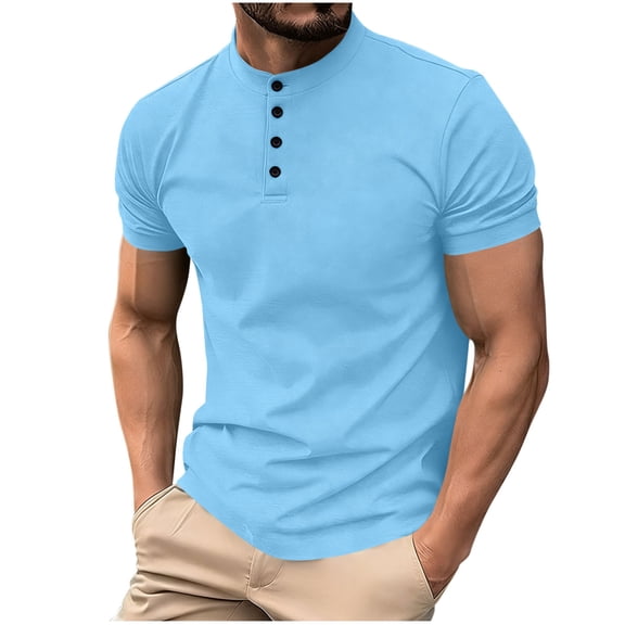 Dagegui Mens Henley Short Sleeve T-Shirts Collared Button Down Summer Tops Sky Blue Casual Dress Basic Tshirts for Work M