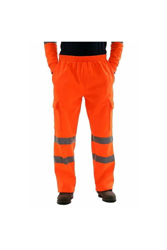 Mens High Visibility Safe Work Pants Reflective Striped Elastic Waist Sweatpants with Cargo Pockets Outdoor Workout Training Jogging Pants Orange 2XL