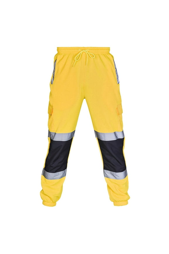 Mens High Visibility Safety Sweatpants Reflective Striped Joggers Fleece Elastic Waist Drawstring Pants with Pockets Yellow XXL