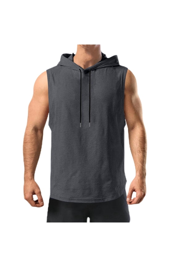 Mens Hooded Sleeveless Shirts Casual Loose Fit Sport Hoodies Solid Color Gym & Outdoor Basketball Muscle Tank Tops Gray,L