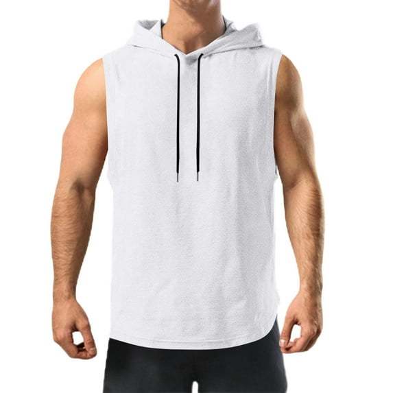 Dagegui Mens Hooded Sleeveless Shirts Casual Loose Fit Sport Hoodies Solid Color Gym & Outdoor Basketball Muscle Tank Tops White,2XL