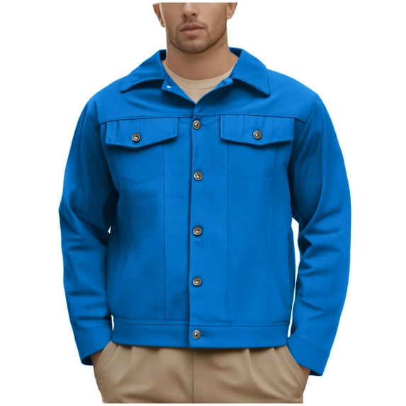 Dagegui Mens Jacket Casual Long Sleeve Coat Lapel Button Down Outwear Solid Color Slim Fit Trucker Jackets for Spring Fall Blue XXXXL