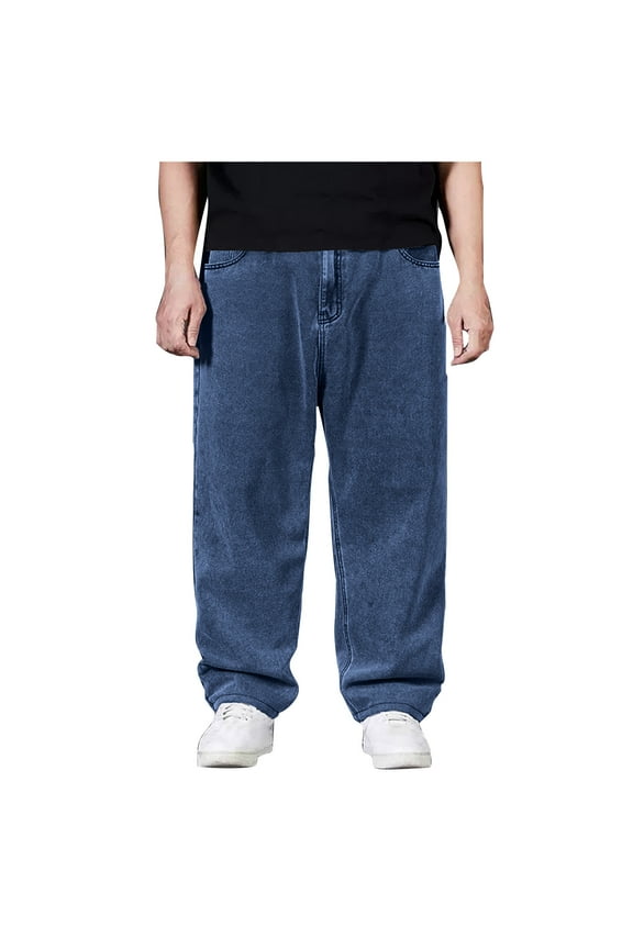 Mens Jeans Casual Elastic Waist Wide Leg Denim Pants Loose Fit Work Everyday Pant Dark Blue 44