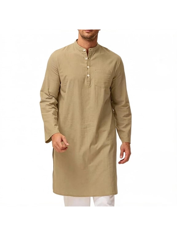 Mens Kaftan Robes Long Sleeve Button Up Stand Collar Tops Casual Side Split Thobe Shirt with Pocket Khaki XXL