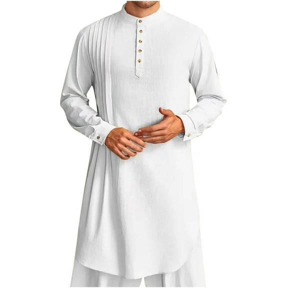 Dagegui Mens Kaftan Thobe Robe Cotton Linen Henley Shirt Casual Long Sleeve Muslim Gown with Buttons White XL