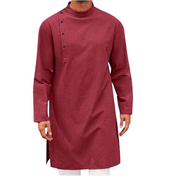 Dagegui Mens Kaftan Thobe Robe Cotton Linen Long Sleeve Shirts Side Buttons Mock Neck Muslim Gown Wine M