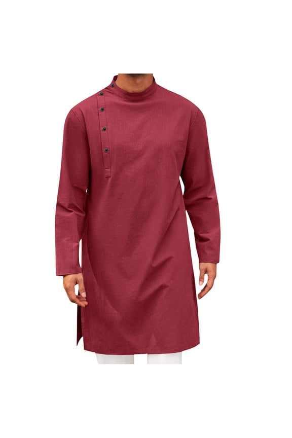 Mens Kaftan Thobe Robe Cotton Linen Long Sleeve Shirts Side Buttons Mock Neck Muslim Gown Wine XXL