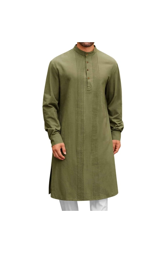 Mens Kaftan Thobe Robe Solid Color Button Down Long Sleeve Cotton Linen Muslim Gown Casual Henley Shirt Army Green M