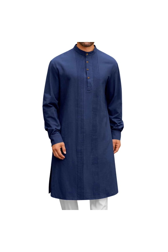 Mens Kaftan Thobe Robe Solid Color Button Down Long Sleeve Cotton Linen Muslim Gown Casual Henley Shirt Navy L