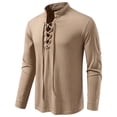 thumbnail image 1 of Dagegui Mens Lace Up Shirts Mock Neck Long Sleeve Ribbed T-Shirts Solid Color Casual Pullover Vintage Holiday Party Tee Tops Khaki L, 1 of 9
