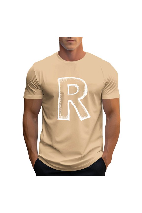 Mens Letter R Graphic T-Shirts Short Sleeve Varsity Jersey Tops Summer Crewneck Tee Comfortable Lightweight Everyday T Shirts Khaki M