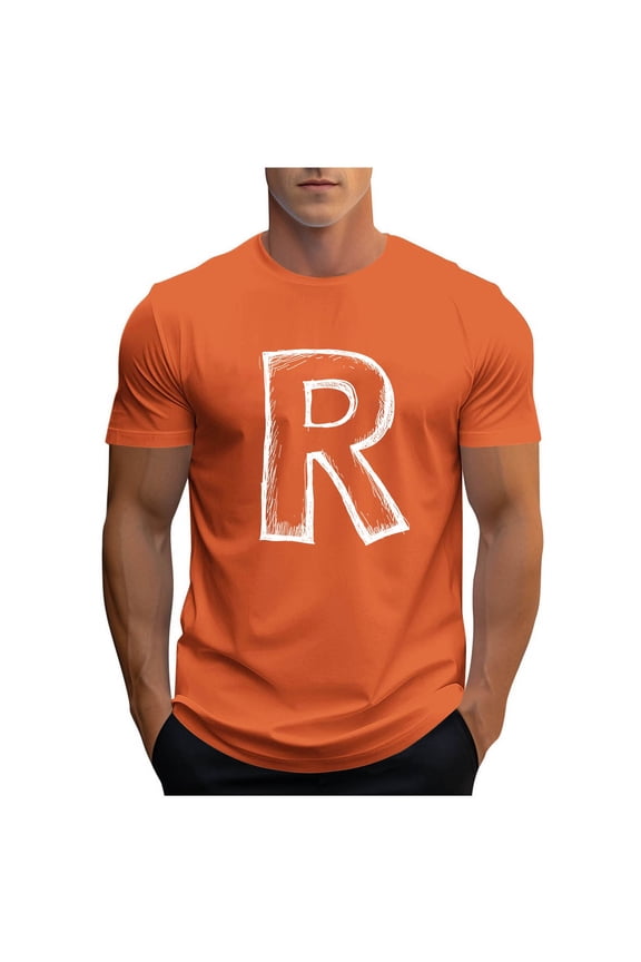 Mens Letter R Graphic T-Shirts Short Sleeve Varsity Jersey Tops Summer Crewneck Tee Comfortable Lightweight Everyday T Shirts Orange XL