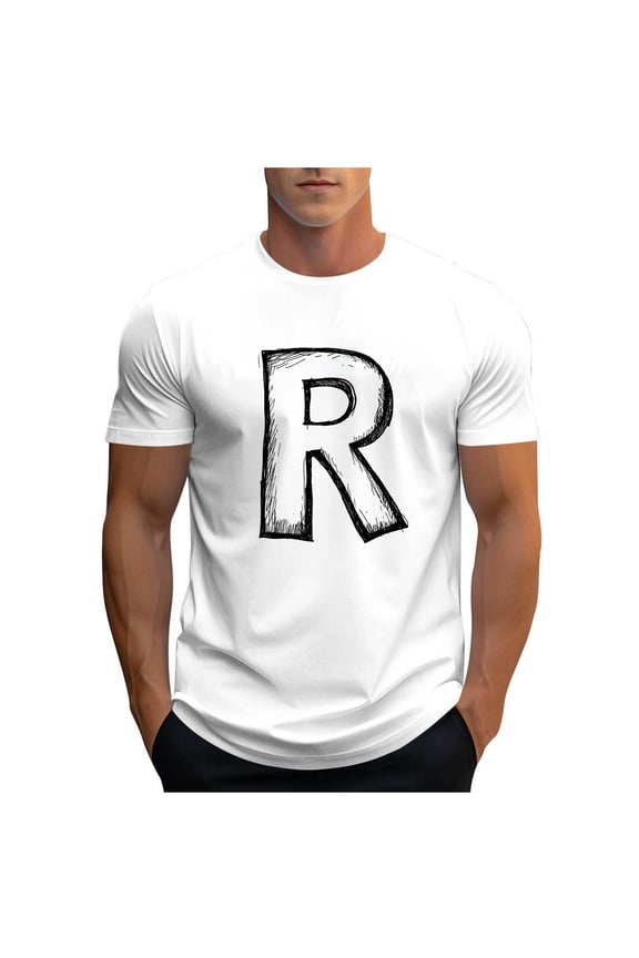 Mens Letter R Graphic T-Shirts Short Sleeve Varsity Jersey Tops Summer Crewneck Tee Comfortable Lightweight Everyday T Shirts White L