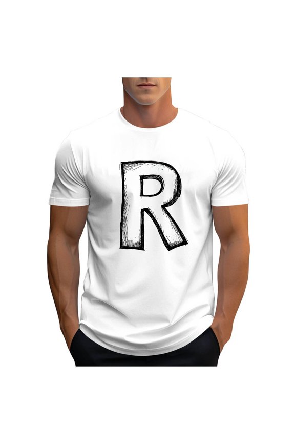Mens Letter R Graphic T-Shirts Short Sleeve Varsity Jersey Tops Summer Crewneck Tee Comfortable Lightweight Everyday T Shirts White M