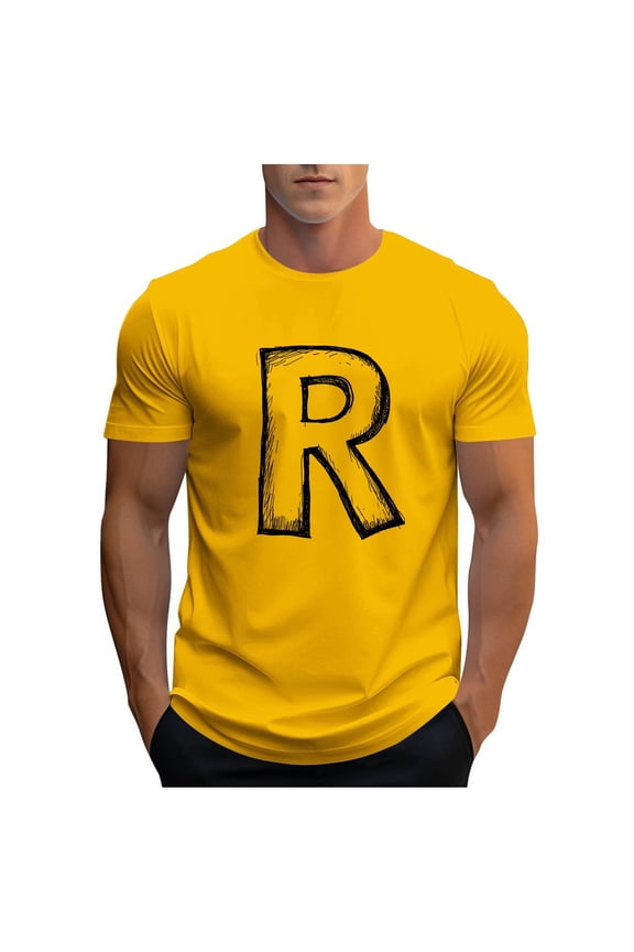 Mens Letter R Graphic T-Shirts Short Sleeve Varsity Jersey Tops Summer Crewneck Tee Comfortable Lightweight Everyday T Shirts Yellow M