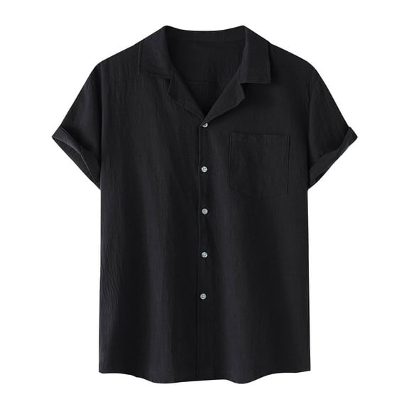 Dagegui Mens Linen Button Down Shirts Lapel Short Sleeve Beach T-Shirt Solid Color Summer Tee Casual Beach Resort Wear Tops Black XXL