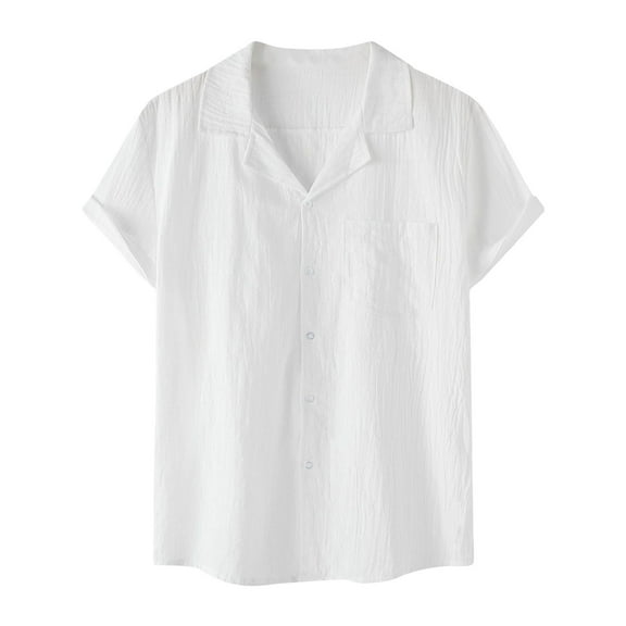 Dagegui Mens Linen Button Down Shirts Lapel Short Sleeve Beach T-Shirt Solid Color Summer Tee Casual Beach Resort Wear Tops White L