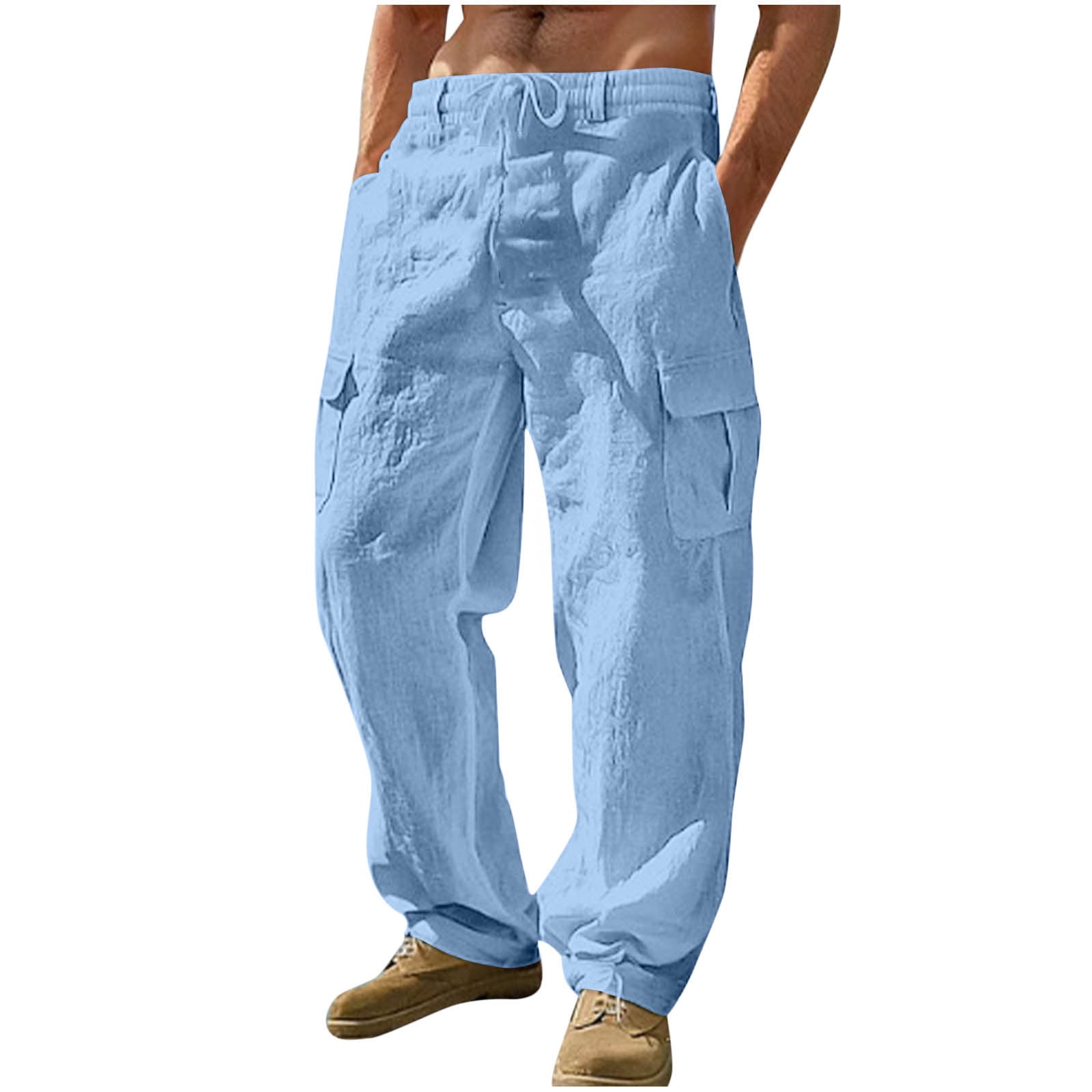 Dagegui Mens Linen Cargo Pants Summer Elastic Waist Drawstring