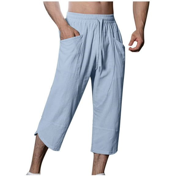 Dagegui Mens Linen Cropped Pants Summer 3/4 Length Straight Leg Pant Drawstring Elastic Waist Casual Trousers Beach Slacks Sky Blue M