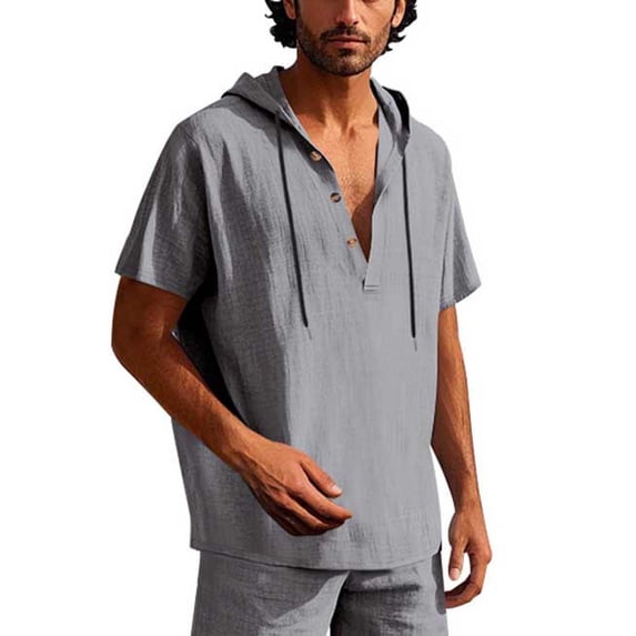 Dagegui Mens Linen Hoodies Gray Short Sleeve Button Down T-Shirts Casual Hawaiian Beach Yoga Shirts Summer Hooded Tee Tops 3X
