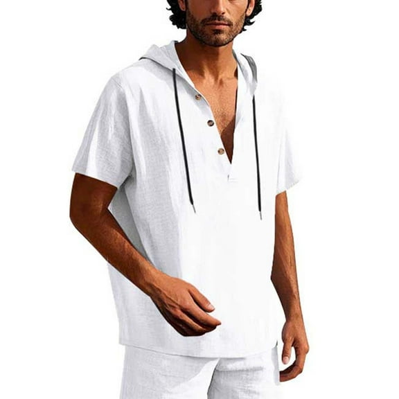 Dagegui Mens Linen Hoodies White Short Sleeve Button Down T-Shirts Casual Hawaiian Beach Yoga Shirts Summer Hooded Tee Tops M