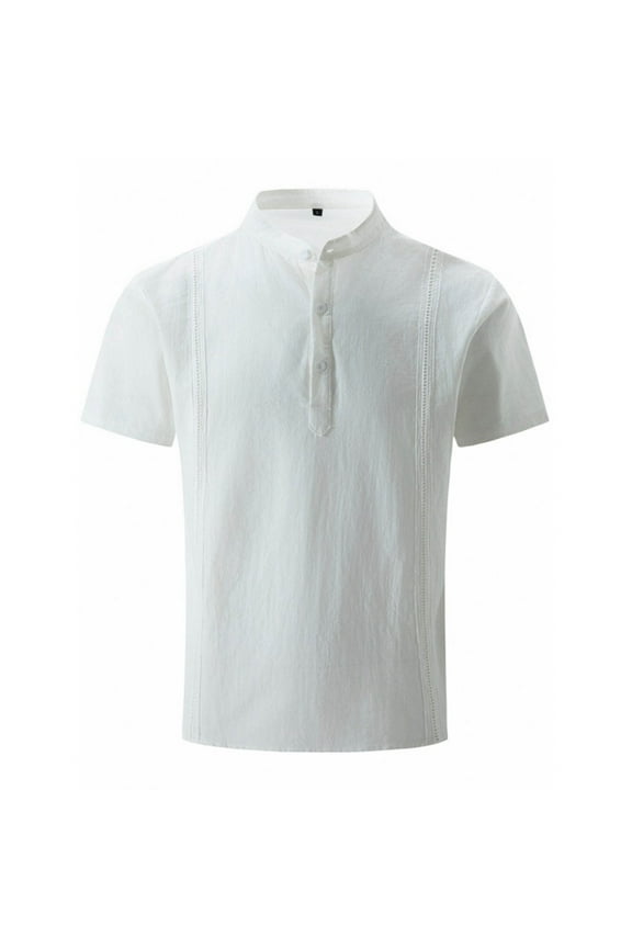 Mens Linen Shirt Short Sleeve Casual Henley Shirts Solid Color Button Down Pullover Tops Summer Beach Vacation Tees White XL