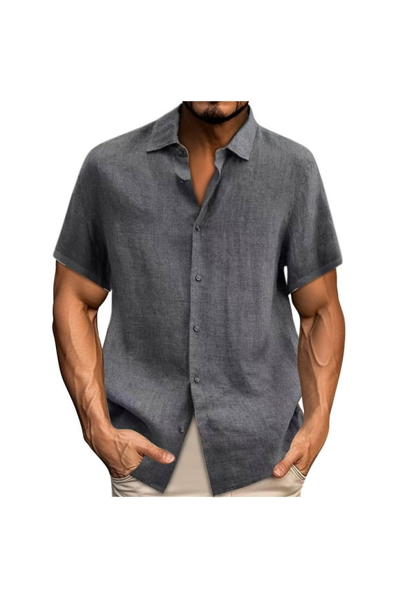 Mens Linen Shirts Casual Short Sleeve Button Down Shirt Solid Summer Beach Tee Wedding Dress T-Shirt Tops Dark Gray S
