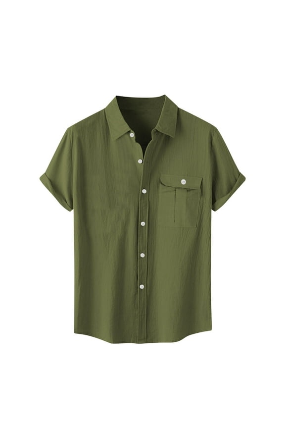 Mens Linen Short Sleeve Shirts Collared Button Down T-Shirts Summer Casual Loose Fit Beach Tees with Pocket Outdoor Travel Vacation Shirt Tops Army Green,M