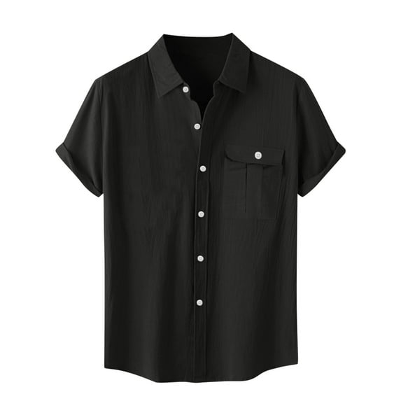 Dagegui Mens Linen Short Sleeve Shirts Collared Button Down T-Shirts Summer Casual Loose Fit Beach Tees with Pocket Outdoor Travel Vacation Shirt Tops Black,4XL