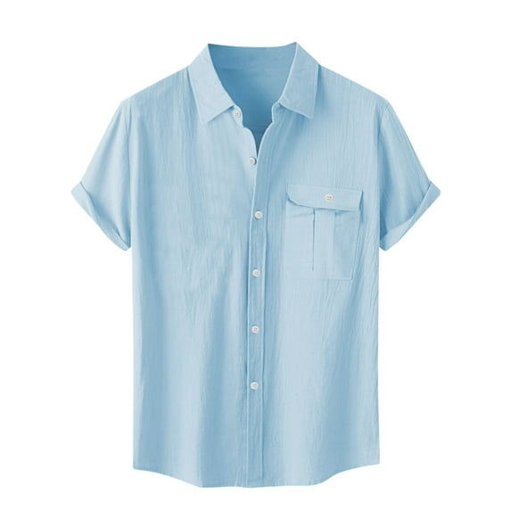 Dagegui Mens Linen Short Sleeve Shirts Collared Button Down T-Shirts Summer Casual Loose Fit Beach Tees with Pocket Outdoor Travel Vacation Shirt Tops Light Blue,3XL