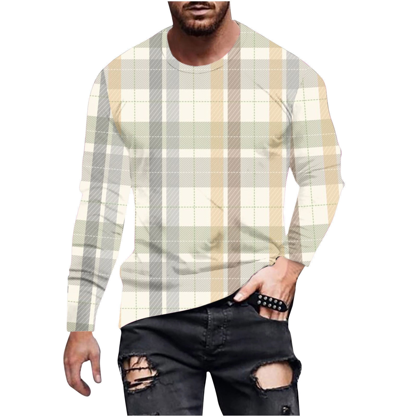 Dagegui Mens Long Sleeve Checkered TShirts Trendy Crewneck Printed