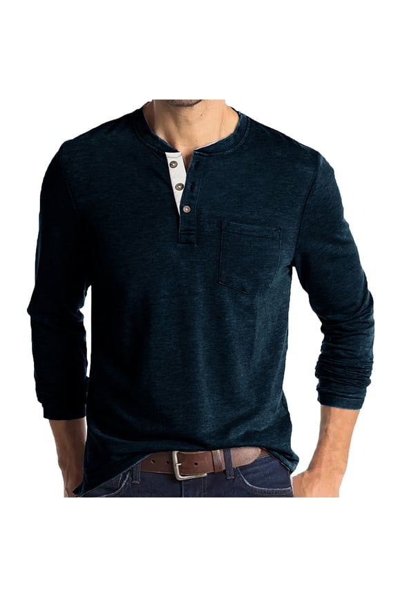 Mens Long Sleeve Henley Shirts Cotton Crewneck Buttons Pullover Shirt with Pocket Basic Wild Bottoming Tops Fall Clothes Dark Blue S-2XL