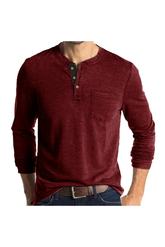 Mens Long Sleeve Henley Shirts Cotton Crewneck Buttons Pullover Shirt with Pocket Basic Wild Bottoming Tops Fall Clothes Wine S-2XL