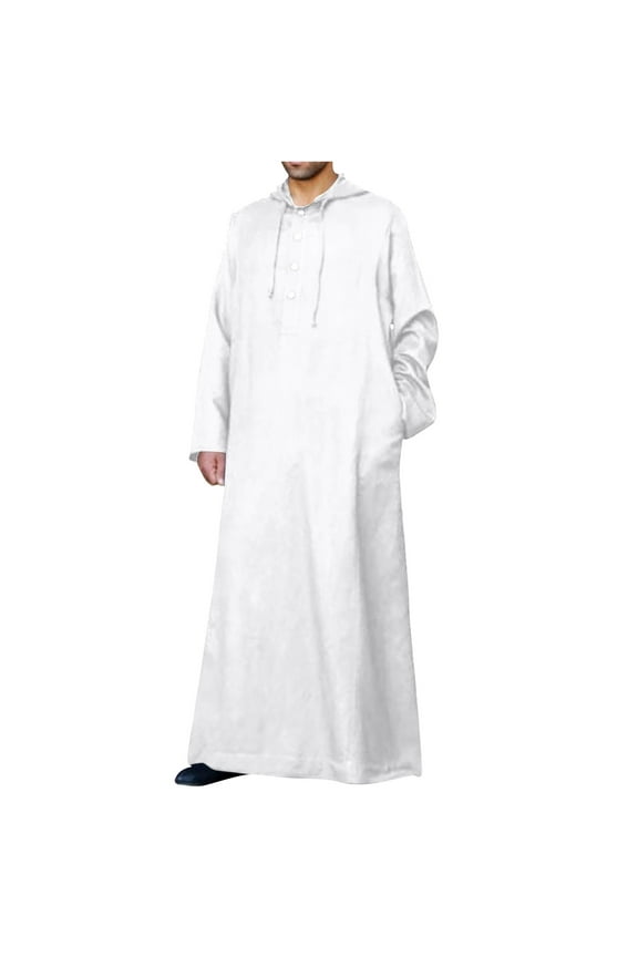 Mens Long Sleeve Kaftan Thobe Cotton Linen Long Sleeve Muslim Gown Solid Color Hooded Pullover Arabic Robe with Pocket White,XL