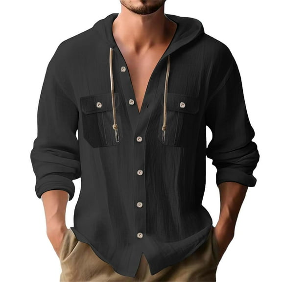 Dagegui Mens Long Sleeve Linen Shirts Drawstring Hooded Sweatshirt Solid Color Button Down Hoodies with Chest Pocket Black L