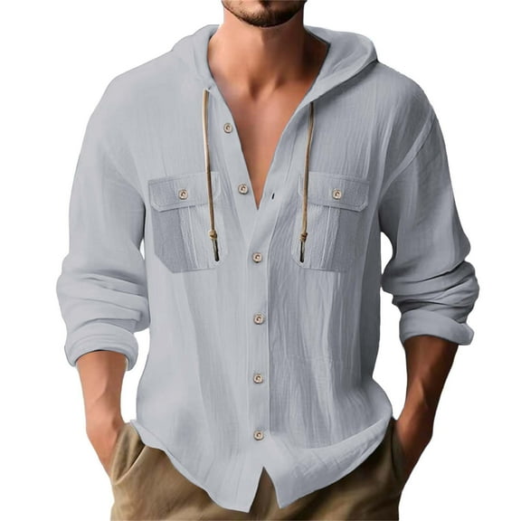 Dagegui Mens Long Sleeve Linen Shirts Drawstring Hooded Sweatshirt Solid Color Button Down Hoodies with Chest Pocket Gray XL
