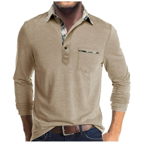 Dagegui Mens Long Sleeve Shirts Casual Buttons Pullover Tees Stylish Tops Dressy Golf Shirts with Pocket Beige S