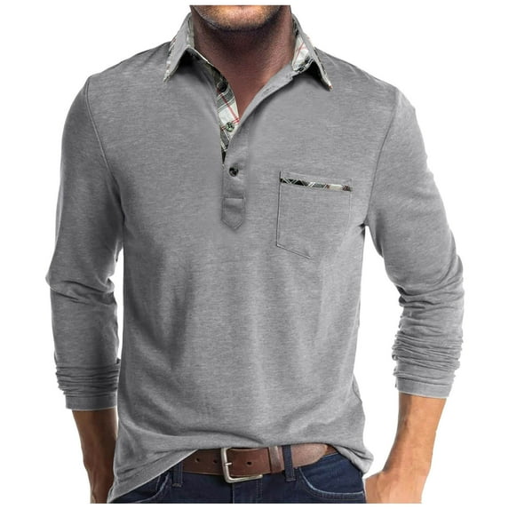 Dagegui Mens Long Sleeve Shirts Casual Buttons Pullover Tees Stylish Tops Dressy Golf Shirts with Pocket Silver S