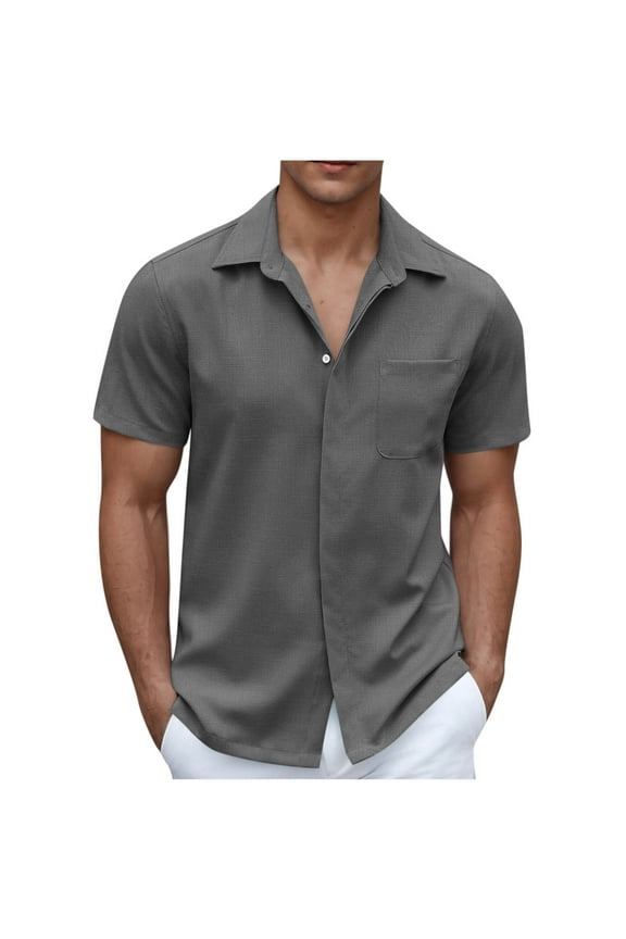 Mens Long Sleeve Shirts Hidden Button Down T-Shirts Collared Casual Loose Fit Tops with Pocket Dark Gray,XL